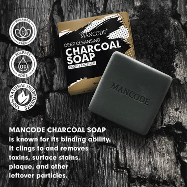 Mancode Activated Charcoal Soap - 125gram | Treats Oily Skin | Refreshing | Black Color Bar Soap | Natural Essential Oil Extract - 100% Vegetable Soap | Suitable for All Skin Types Pack of 3